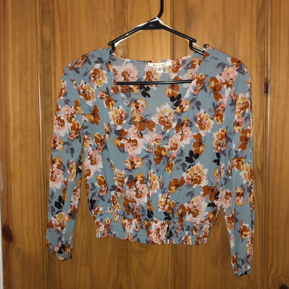 Floral long-sleeve cross over blouse